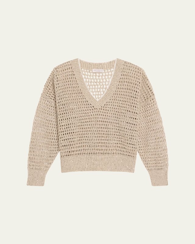 Paillette Open Knit V-Neck Sweat